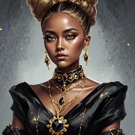 Prompt: <mymodel> a woman with a gold necklace and earrings on her head, wearing a black dress and a gold necklace, Chinwe Chukwuogo-Roy, afrofuturism, regal, a character portrait