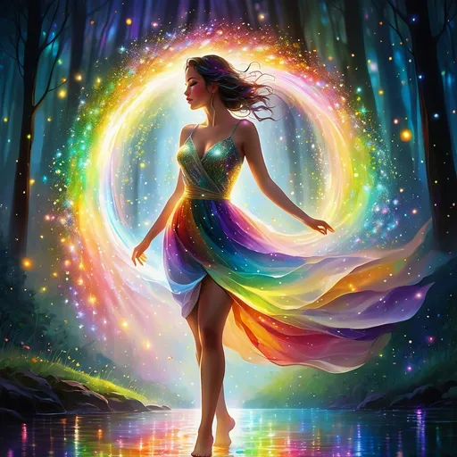 Prompt: A luminous, etherel mesmerizing woman walks among sparkling fireflies, her skin shimmering with a rainbow of colors. She possesses an otherworldly beauty.  This enchanting scene is depicted in a digitally painted illustration, each brushstroke capturing the magical essence of the scene. The vivid colors and exquisite details make this image a truly mesmerizing piece of art.