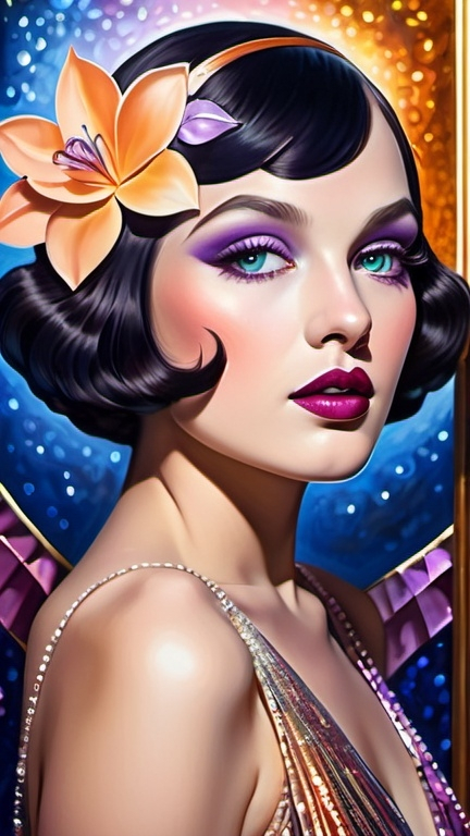 Prompt: makeup art, 50s flapper, holographic, masterpiece painting reflecting the pinterest aesthetic, beautiful woman, rosy cheeks, glistening skin, plump lips, velvety lipstick, fabulous artistic makeup, captivating gaze, hypnotizing eyes, elegant dress, magical realism, surrealism, lilac blue fuchsia white orange gold bright vivid gradient colors, portrait, full face, half body,  high contrast, highly detailed, crisp,