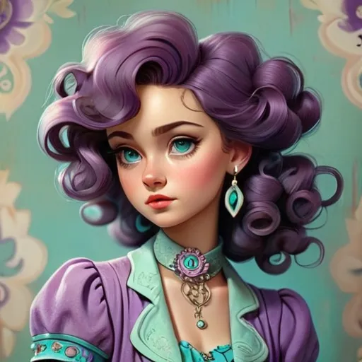 Prompt: Vintage-inspired illustration of a girl, purple and turquoise attire, retro theme, soft pastel color palette, nostalgic mood, detailed floral patterns on clothing, curly hair with vintage accessories, rustic background, artistic rendering, vintage, pastel tones, detailed clothing, curly hair, nostalgic, soft lighting