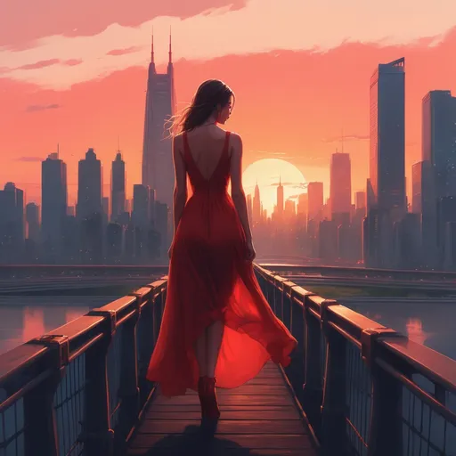 Prompt: a woman in a red dress is standing on a bridge with a city skyline in the background at sunset, Alena Aenami, romanticism, city background, a matte painting