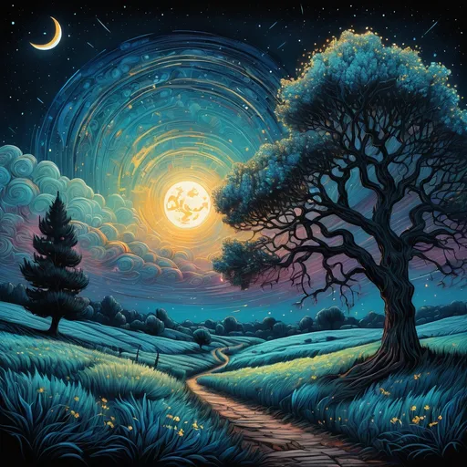 Prompt: a painting of a night sky with stars and a tree in the foreground and a path leading to the moon, Van Gogh sky,  Dan Mumford, psychedelic art, josan gonzales and dan mumford, a detailed painting