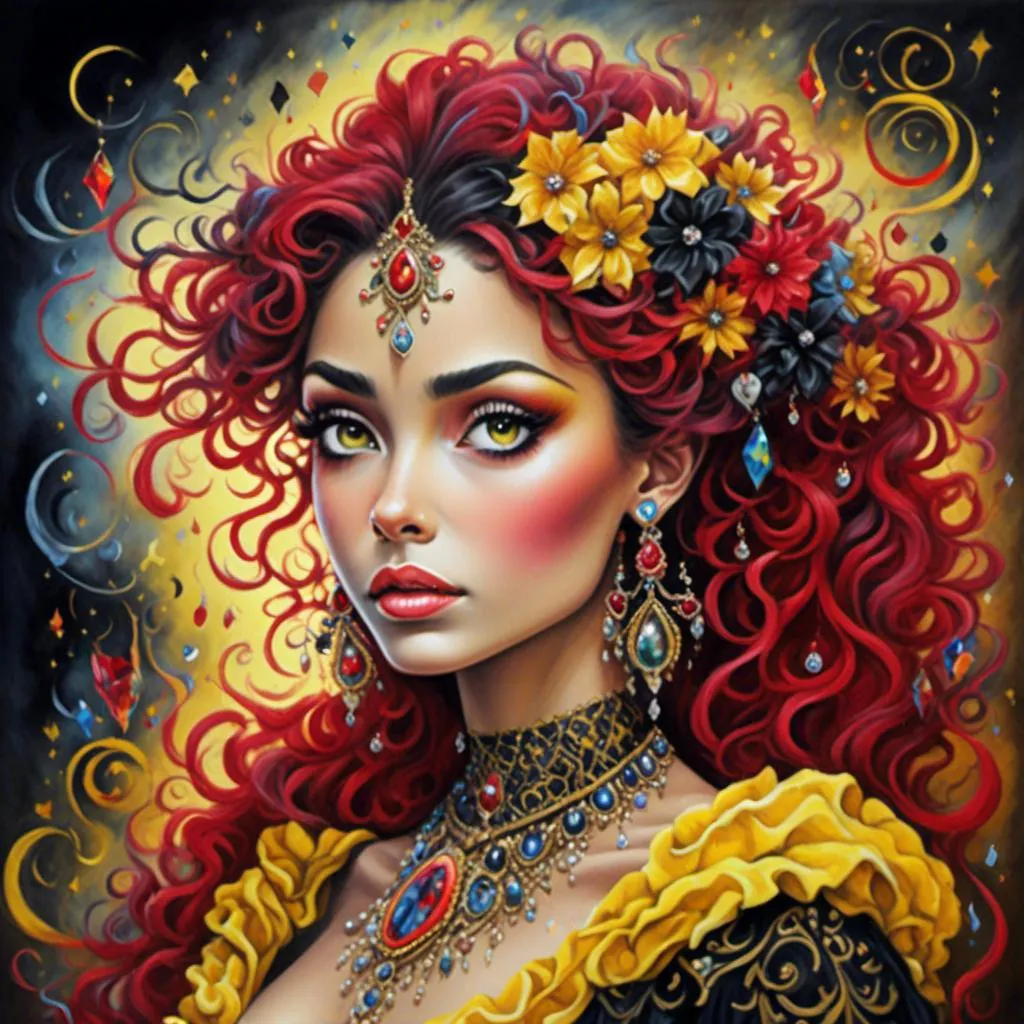 Prompt: <mymodel> beautiful woman, hair pinned up, yellow red black dress, earrings, Watercolor, trending on artstation, sharp focus, studio photo, intricate details, highly detailed, by  Josephine Wall and Jasmine Becket-Griffith