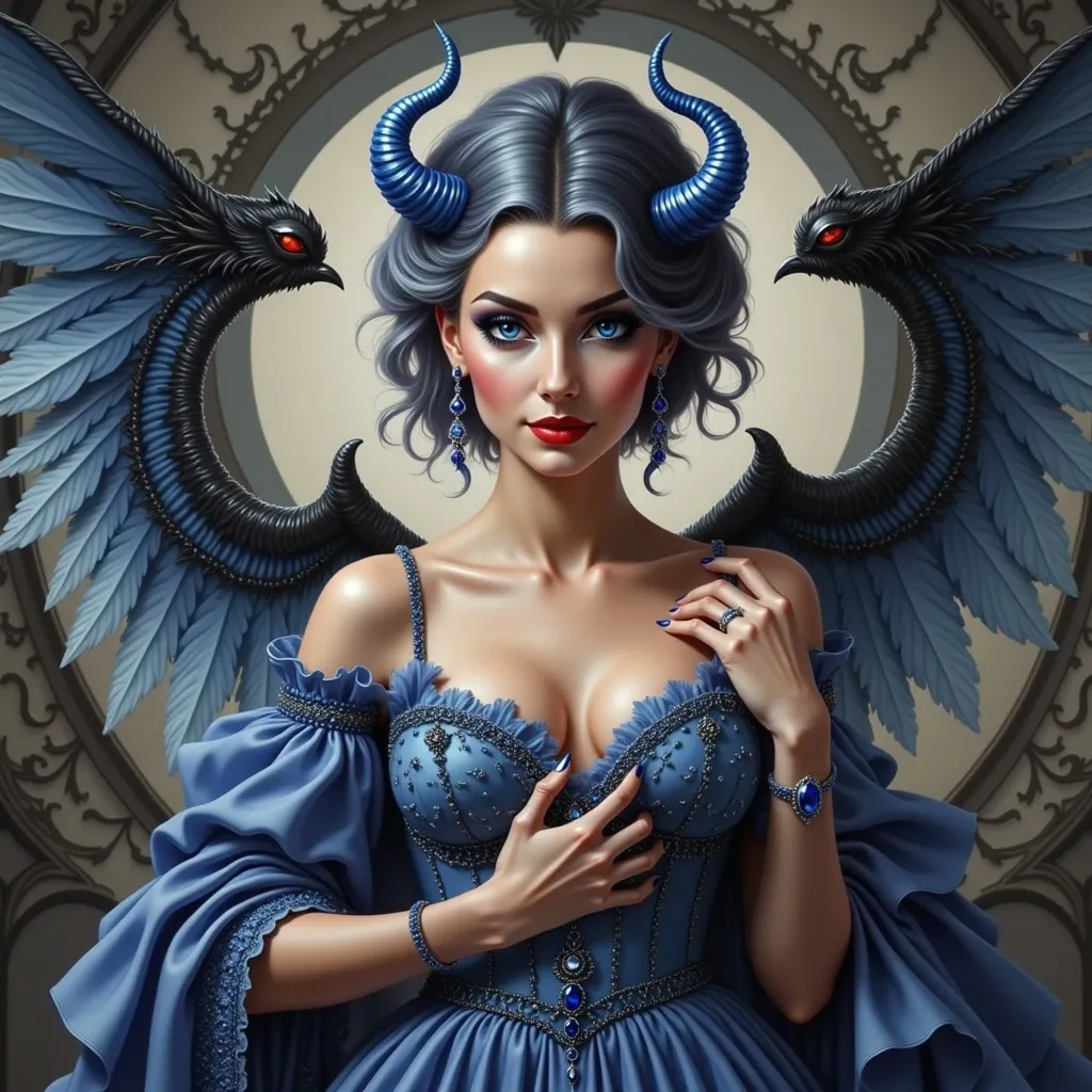 Prompt: a woman with a blue dress and a devilish head and wings on her body,  Anne Stokes, gothic art, highly detailed digital painting, a detailed painting