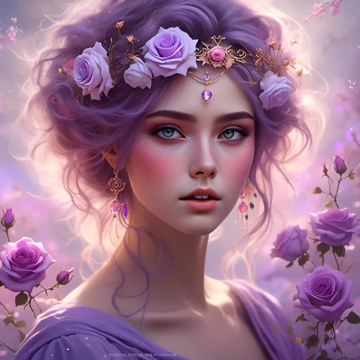 Prompt: <mymodel>Cosmic epic beauty with gorgeous, purple roses in hair, high-res, surreal, cosmic, vibrant colors, detailed floral hairpiece, ethereal aura, celestial backdrop, majestic beauty, galaxy-inspired, breathtaking lighting, dreamlike atmosphere, incredible attention to detail, cosmic fantasy, stunningly beautiful, best quality, surrealism, vibrant tones, celestial lighting