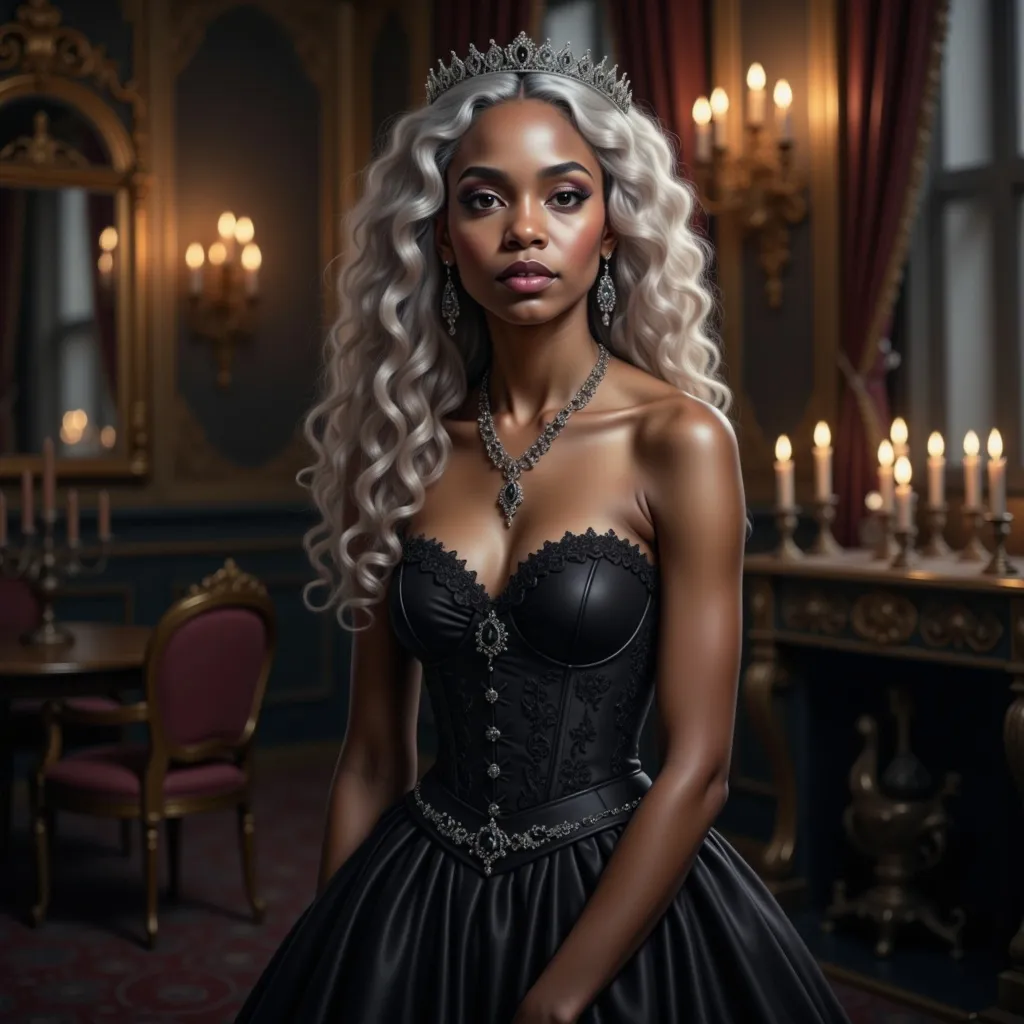 Prompt: In a dimly lit, lavishly decorated room adorned with ornate mirrors and flickering candlelight, a striking figure captivates attention. A young woman with voluminous, wavy platinum hair frames her face, which is accentuated by bold smoky eyes and dark lipstick, giving her an air of gothic elegance. She wears a black strapless corset dress that flows into a full skirt, intricately detailed with lace accents and ornate jewelry that adds to her regal demeanor. The warm glow from several candles casts a soft light, creating shadows that enhance the mysterious atmosphere, while her calm, contemplative expression suggests a tale of enchantment and allure hidden within the lavish surroundings.