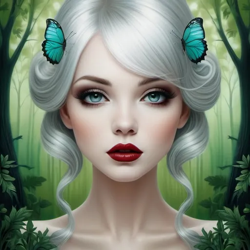 Prompt: The beautiful young lady with blowing platinum hair illustration art by Lori Earley, Daria Endresen, Tristan Eaton. Whimsical forest background, Extremely detailed, intricate, beautiful. 
