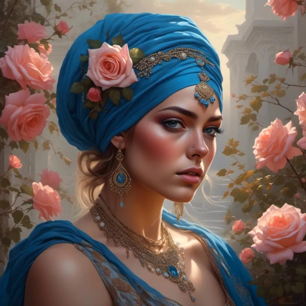 Prompt: a painting of a woman wearing a turban and jewelry with a rose in her hair and a blue eyeshade, artist, fantasy art, highly detailed digital painting, a photorealistic painting <mymodel>