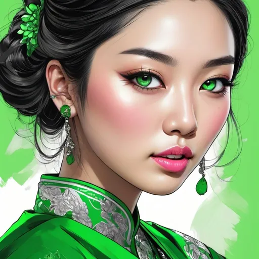 Prompt: <mymodel>Detailed illustration of a asian woman in vibrant green attire, large vivid green eyes, elegant makeup, digital painting, high resolution, realistic style, vibrant green, professional lighting