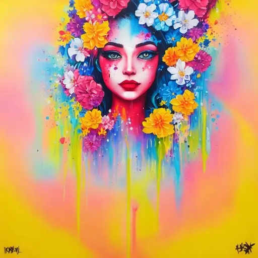 Prompt: Flower Siren graffiti art, splash art, street art, spray paint, oil gouache melting, acrylic, high contrast, colorful polychromatic, ultra detailed, ultra quality, CGSociety