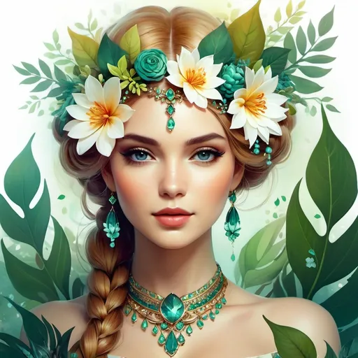 Prompt: a woman with flowers in her hair and a necklace on her head, surrounded by leaves and flowers, is shown in a digital painting style, Anna Dittmann, fantasy art, highly detailed digital painting, a detailed painting