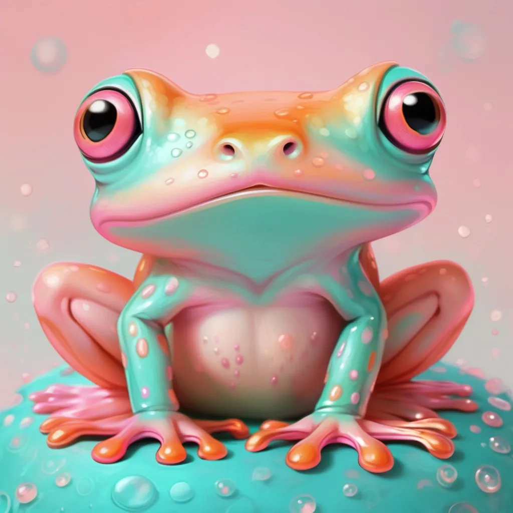 Prompt: Cute little frog in pastel colors of pink, orange and teal