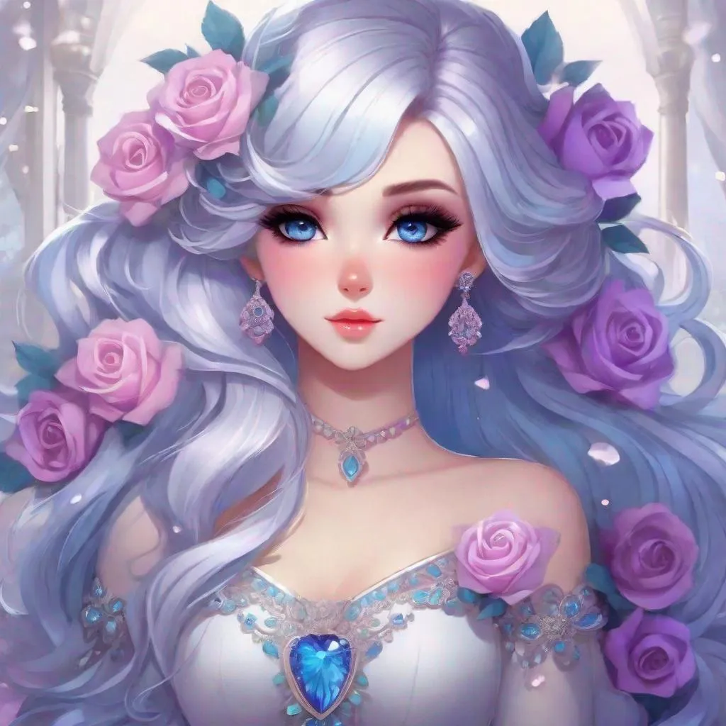 Prompt: A beautiful woman, white hair with pastel purple highlights, violet eyes, blue eyeshadow, pastel blue roses in her hair, blue jewels on forehead, cartoon style