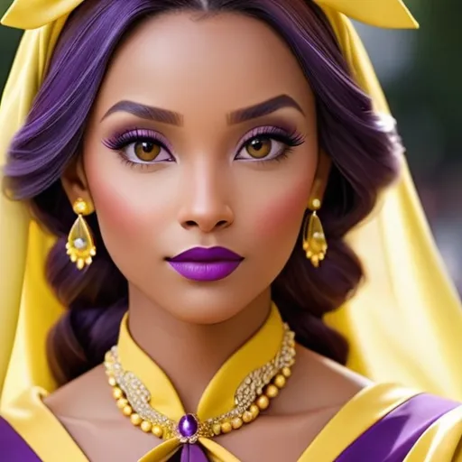 Prompt: lady in purple and yellow high class attire, facial closeup