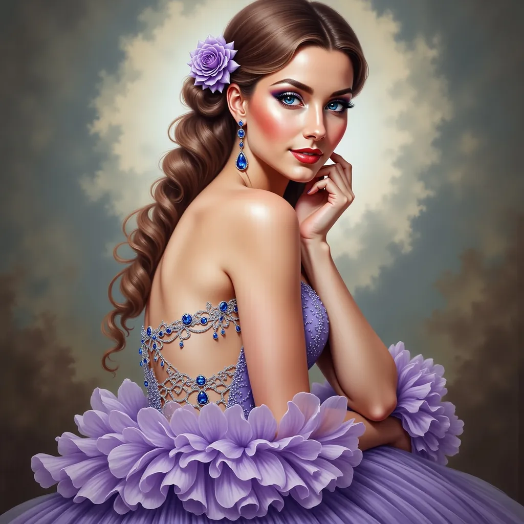 Prompt: a woman with a flower in her hair and a purple dress , with a purple rose in her hair, Edwin Georgi, figurative art, highly detailed digital painting, a photorealistic painting