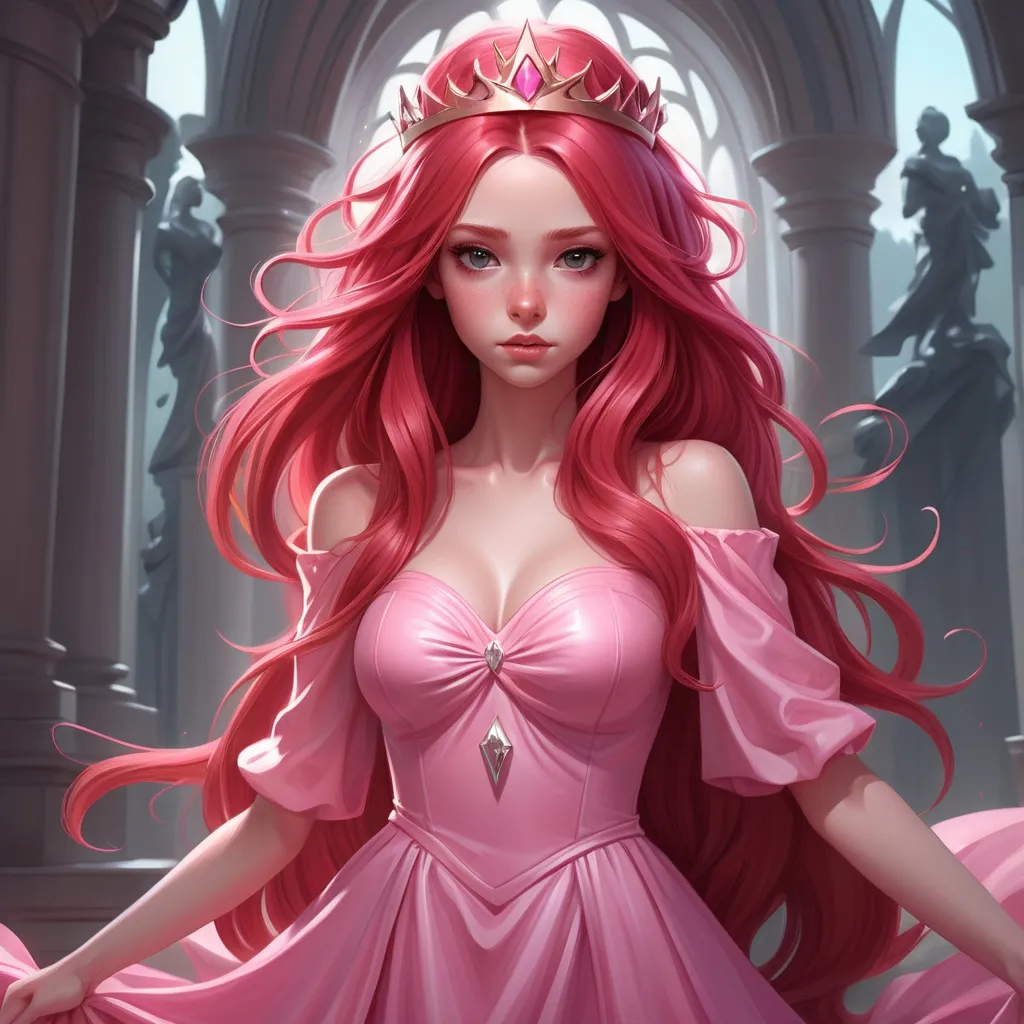 Prompt: a cartoon girl with long red hair and a pink dress with a tiara on her head and a pink dress with a pink dress on, Artgerm, fantasy art, rossdraws global illumination, an ultrafine detailed painting