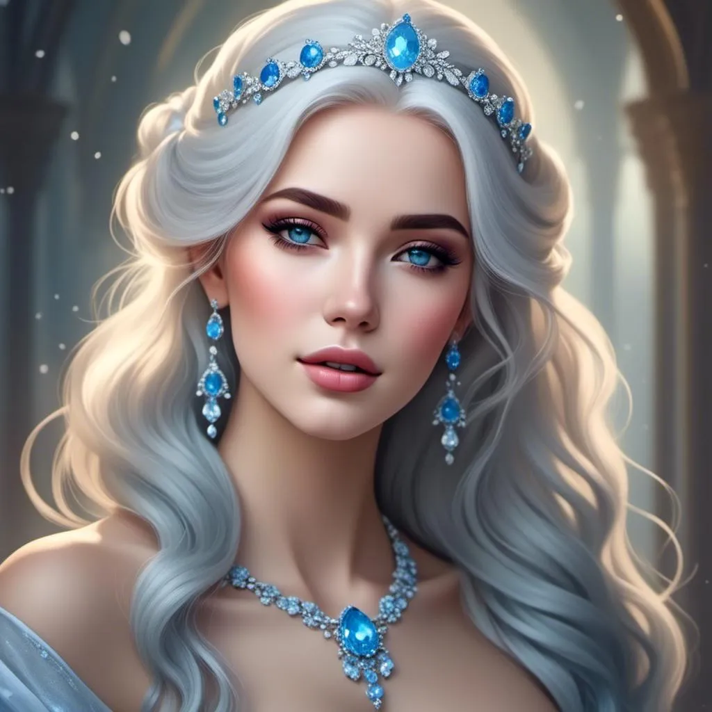 Prompt: <mymodel>High-res digital painting of a beautiful woman with snow white hair and pastel highlights, frosty blue eyes, blue eyeshadow, and blue jewels on her forehead, ethereal fantasy style, cool tones, soft and magical lighting, detailed facial features, professional, elegant, high quality