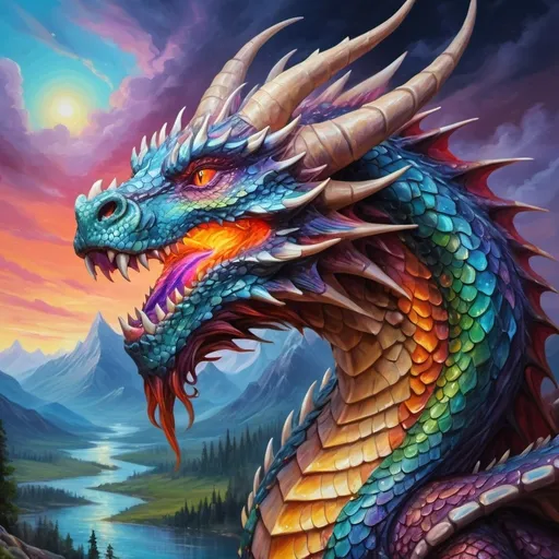 Prompt: Enchanting oil painting of a majestic fantasy dragon, vibrant colors, mystical fantasy landscape, intricate scales and horns, 4k, ultra-detailed, high fantasy, vibrant colors, magical, atmospheric lighting