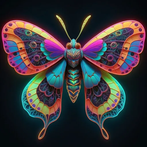 Prompt: Vibrant, colorful moth with intricate wing patterns, high quality, detailed, 3D rendering, surreal, neon colors, glowing bioluminescent markings, lush and vivid environment, mesmerizing, fantasy, iridescent, neon, detailed wings, surreal lighting