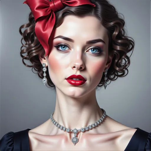 Prompt: a painting of a woman wearing a diamond necklace on her neck , Edwin Georgi, photorealism, highly detailed digital painting, a photorealistic painting