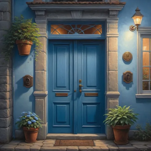 Prompt: a blue door with two potted plants on the side of it and a light on the side of the door, Evgeny Lushpin, photorealism, kinkade, a painting