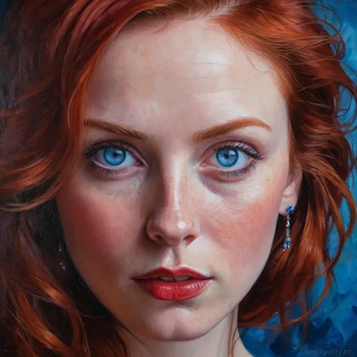 Prompt: Facial closeup of a lady in red, auburn hair, piercing blue eyes, highres, detailed, oil painting, vibrant colors, intense gaze, elegant, dramatic lighting