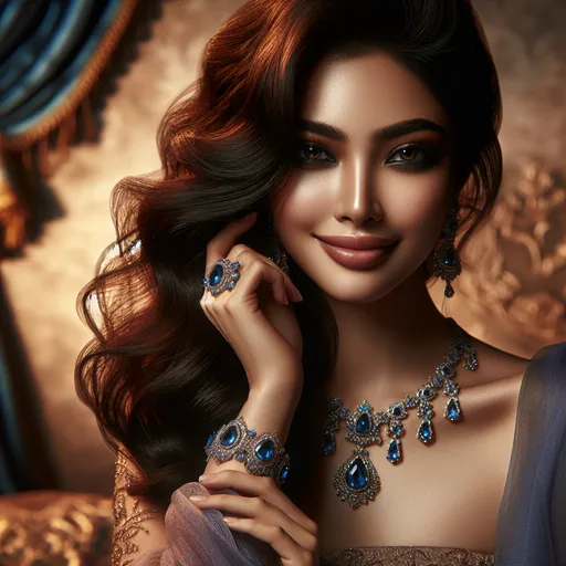 Prompt: A (stunning) woman adorned with shimmering (sapphire jewelry), elegant outfit, soft, cascading hair, enchanting smile, captivating expression, warm glow illuminating her features, luxurious background with rich textures, delicate patterns, high contrast, vibrant hues, (photorealistic), ultra-detailed, 4K quality, atmosphere of elegance and allure.