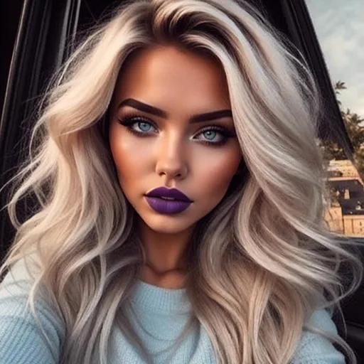 Prompt: <mymodel>Beautiful ethereal woman, long blonde hair,and icy blue eyes color, purple lipstick, facial closeup