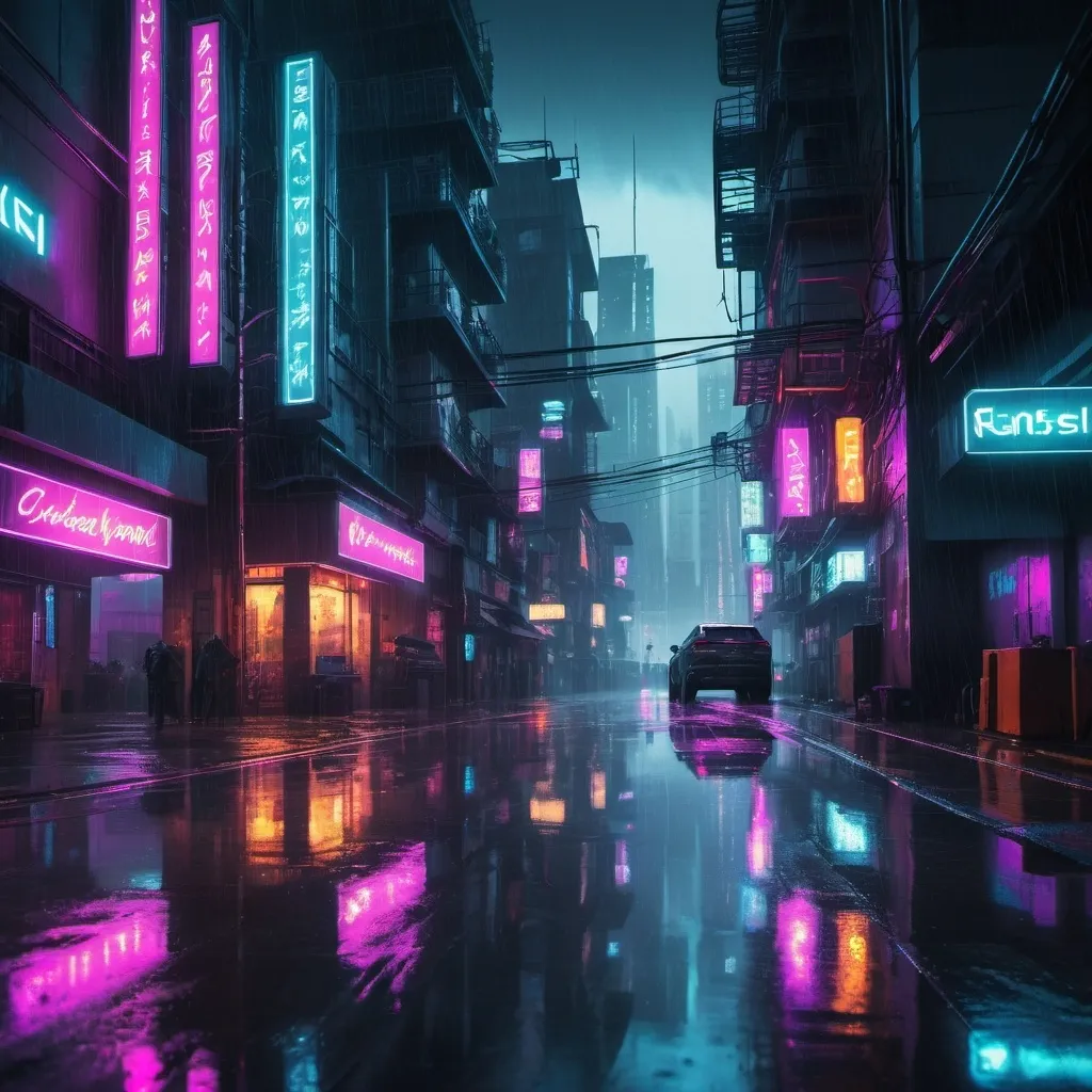 Prompt: Rainy cityscape with neon lights, cyberpunk, futuristic buildings, reflections on wet pavement, detailed drops of rain, moody atmosphere, high quality, cyberpunk, futuristic, rainy, neon lights, detailed raindrops, urban, atmospheric lighting