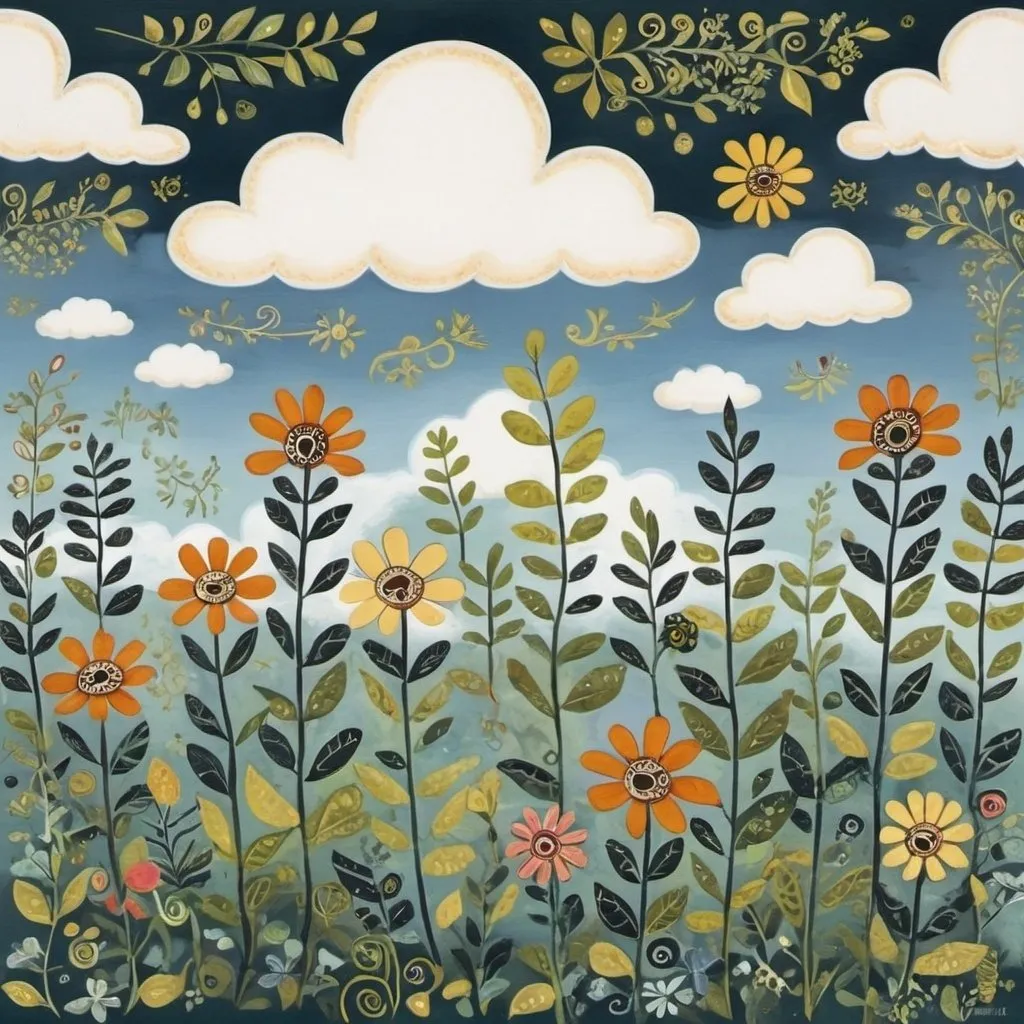 Prompt: Wild flower and clouds in the style of Edward Tingatinga, in a whimsical folk art style with soft blue, pea green, green gold, guava colours