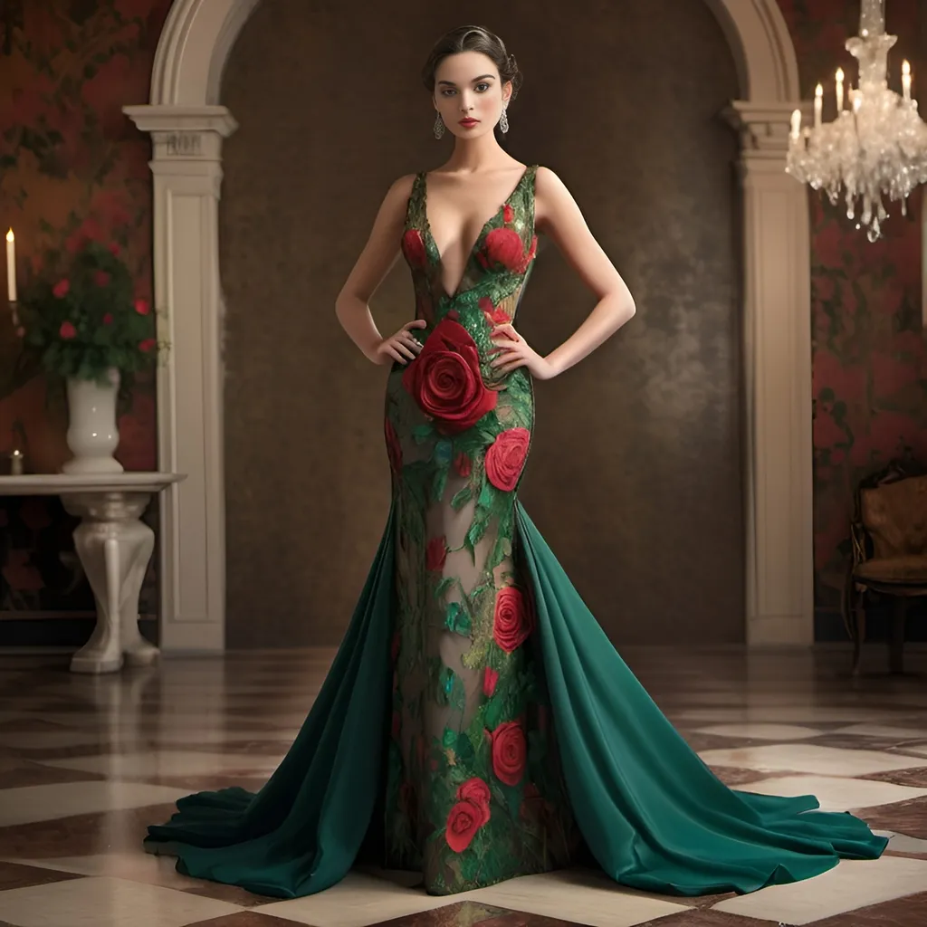Prompt: Glamour radiates from a striking figure clad in an opulent, form-fitting gown adorned with intricate floral patterns, prominently featuring red roses and lush green leaves that weave down the dress. The deep plunge of the neckline and sheer panels add to the dramatic allure, while her statuesque pose accentuates the gown's elegance. A lavishly decorated ballroom serves as the backdrop, characterized by rich crimson curtains and golden chandeliers that illuminate the scene, creating an atmosphere of luxury and sophistication. The model's voluminous, dark hairstyle and bold red lips perfectly complement the opulent aesthetic, which feels both regal and seductive. The overall composition conveys a sense of high fashion and theatrical drama, drawing attention to the harmony of beauty and glamour.