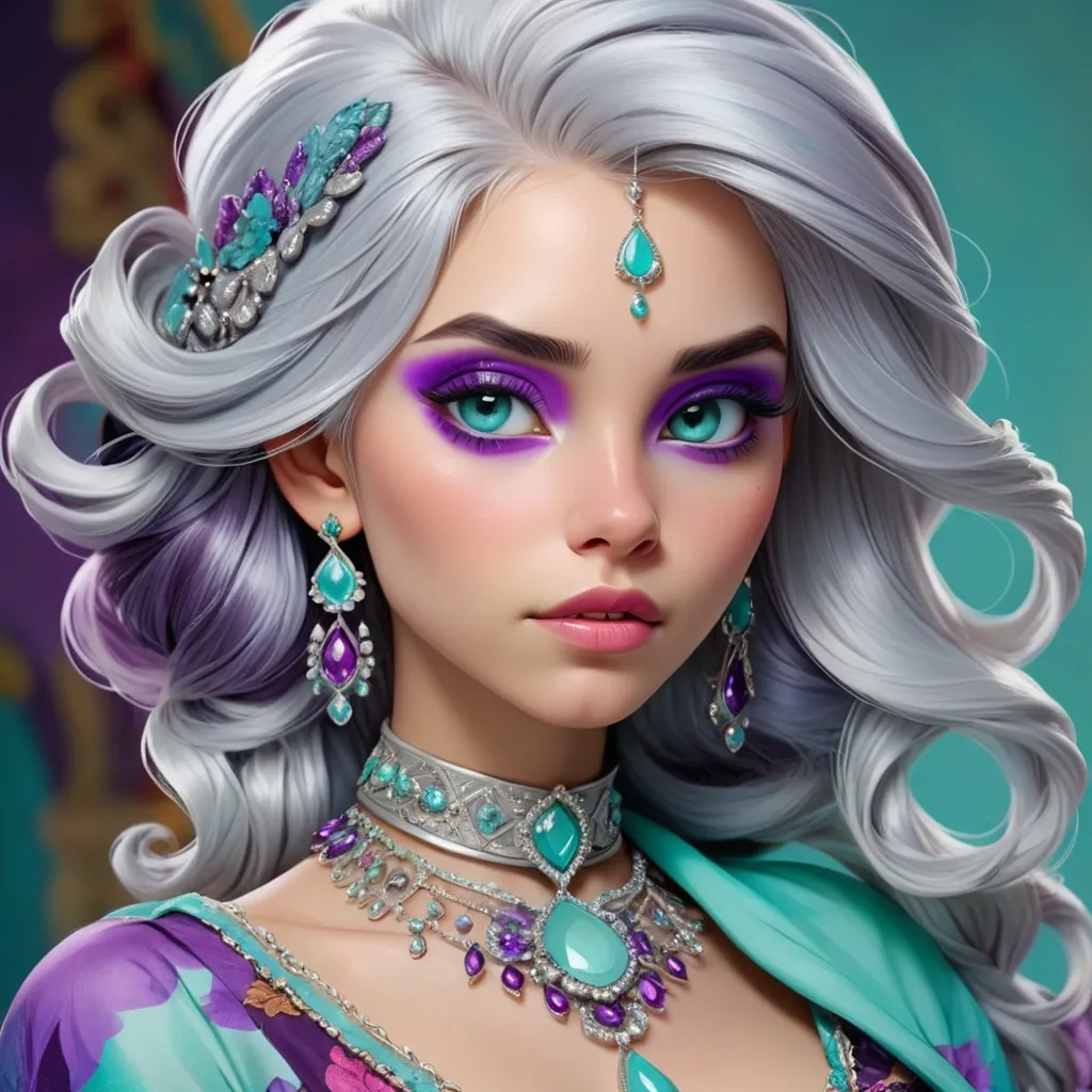 Prompt:  illustration of a young woman with beautiful silver hair, aqua and purple tones, elaborate jewelry, detailed makeup, colorful attire