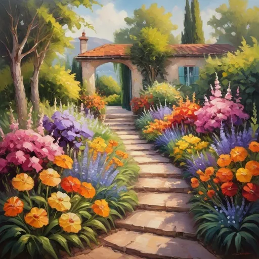 Prompt: Beautiful landscape, vibrant garden flowers, oil painting, lush garden, high quality, vibrant colors, detailed brushwork, impressionism, warm tones, natural lighting