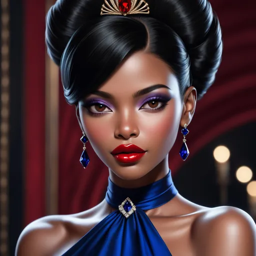 Prompt: African-American woman with  very dark complexion, elegant, black hair in an updo, pretty makeup, red lips, wearing sapphire jewelry, facial closeup
