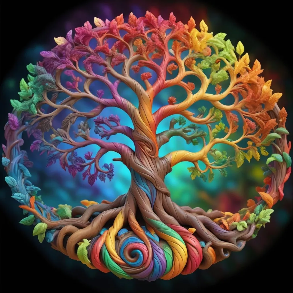 Prompt: colorful gnarled tree of life, spiral colors in the background, rainbow leaves, hyper-detailed, photorealistic 8k max