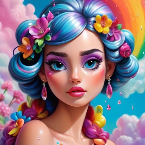 Prompt: A beautiful and colourful Persephone whose hair is made of clouds that rains down flowers made of jewels, while chickadees fly around her; in a photorealistic impressionistic Disney Lisa Frank style out of gel pen