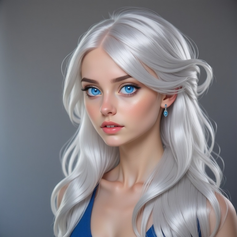 Prompt: <mymodel>A beautiful woman, white hair, blue eyes, blue eyeshadow, blue jewels o