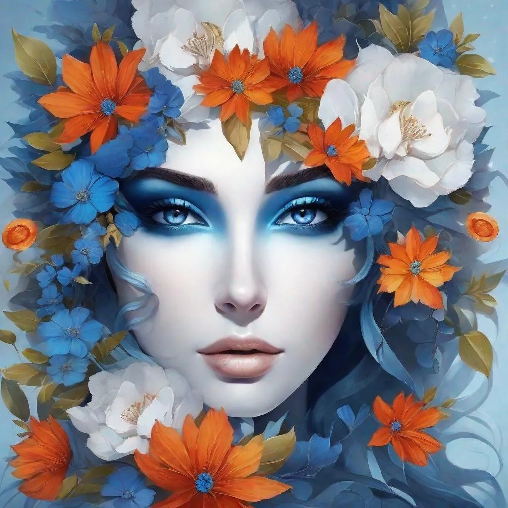 Prompt: blue stone woman covered with flowers, fiery eyes