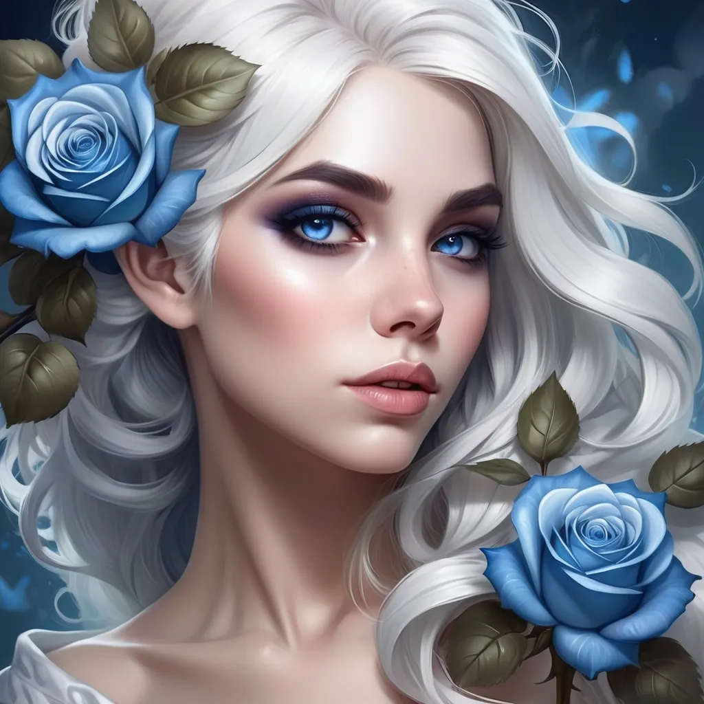 Prompt: a woman with pretty makeup and  white hair, blue roses in her hair. Artgerm, fantasy art, highly detailed digital painting, a detailed painting