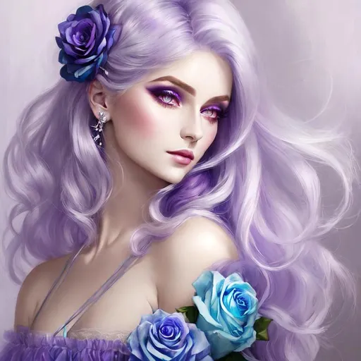 Prompt: A beautiful woman, white hair with pastel purple highlights, violet eyes, blue eyeshadow, pastel blue roses in her hair, blue jewels on forehead