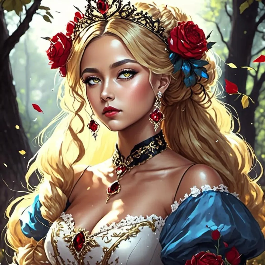 Prompt: <mymodel>Fairy tale, beautiful girl with white skin, (perfect face), light golden hair, blue pupils, red lips, forest style, mysterious, vintage fashion-dresses, with a transparent crystal crown on her head, the woman's body is so white Glows, (high detail) sitting on an oversized red rose, hyperdetail, ultra high definition.<mymodel>