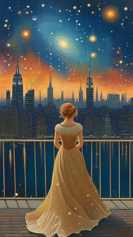 Prompt: a painting of a woman in a long dress with a city skyline in the background and stars in the sky, Anna Dittmann, space art, galaxy, a detailed painting