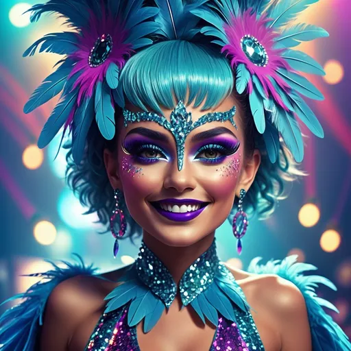 Prompt: (vibrant showgirl), feathers and sequins, dramatic costume, posing with confidence, glamorous makeup, dazzling smile, high-energy atmosphere, colorful stage lights, beautiful backdrop, lively crowd, sparkling details, (ultra-detailed), (4K), (cinematic) lighting, artful composition, capturing the essence of performance and allure.