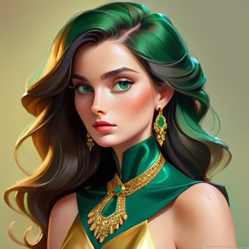 Prompt: Elegant lady in colors of emerald and gold