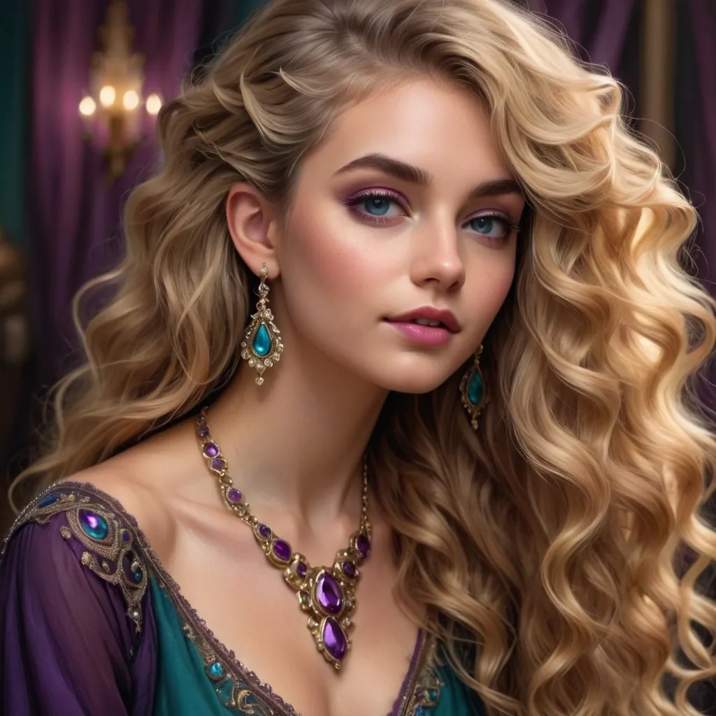 Prompt: Radiating elegance, a stunning young woman gazes into the viewer's eyes, her long, voluminous blonde curls cascading in soft waves around her shoulders. She is adorned with intricate jewelry, including sparkling earrings and a regal necklace that complement the deep hues of her outfit, dominated by shades of purple and teal, enhancing her striking features. Her makeup is bold, with a rich purple lip and smoky eyes that accentuate her captivating blue irises, creating a sense of both mystery and allure. The soft, ethereal lighting casts a warm glow, accentuating her youthful beauty while suggesting a fantasy or royal theme, as she exudes a dreamy, enchanting aura that draws one in. The fine details of her attire and accessories, embellished with gems, reflect a story of opulence and grace.
