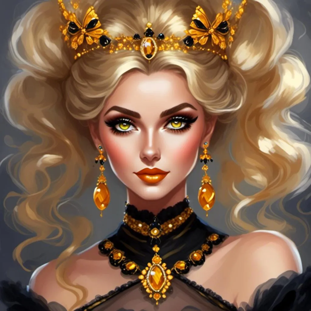 Prompt: <mymodel>Queen bee-A beautiful woman with golden hair arrainged in a top knot behind a gold tiara. Amber colored eyes, gown in colors of yellow and black, facial closeup