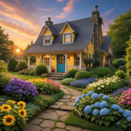 Prompt: A charming, colorful cottage stands proudly amidst a lush garden, its bright yellow exterior bathed in the warm glow of a golden sunset. The home features classic architectural elements like a steep roof and inviting blue door, while vibrant flowers—ranging from cheerful sunflowers to delicate hydrangeas—cascade around the stone pathway that leads to the entrance. A riot of colors fills the flowerbeds, with an array of blues, pinks, and purples creating a picturesque contrast against the green foliage. The overall scene is serene and whimsical, evoking a sense of tranquility and idyllic country living, enhanced by the softly diffused light of the evening sky.