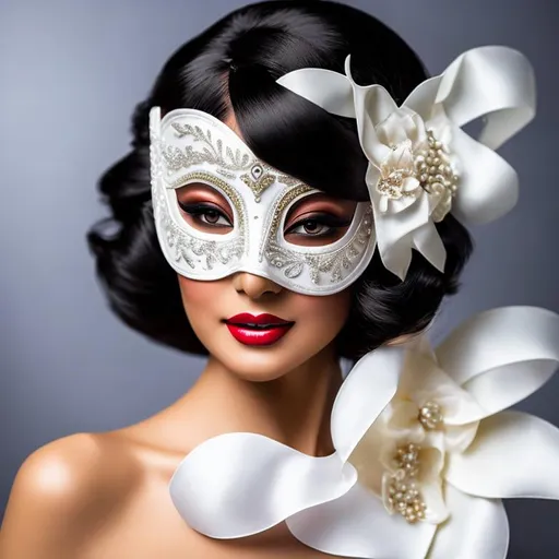 Prompt: white masquerade mask worn by an elegant lady with black hair, facial closeup