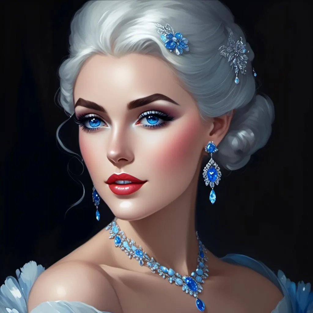 Prompt: <mymodel>A beautiful woman, snow white hair with pastel highlights, frosty blue eyes, blue eyeshadow, blue jewels on forehead