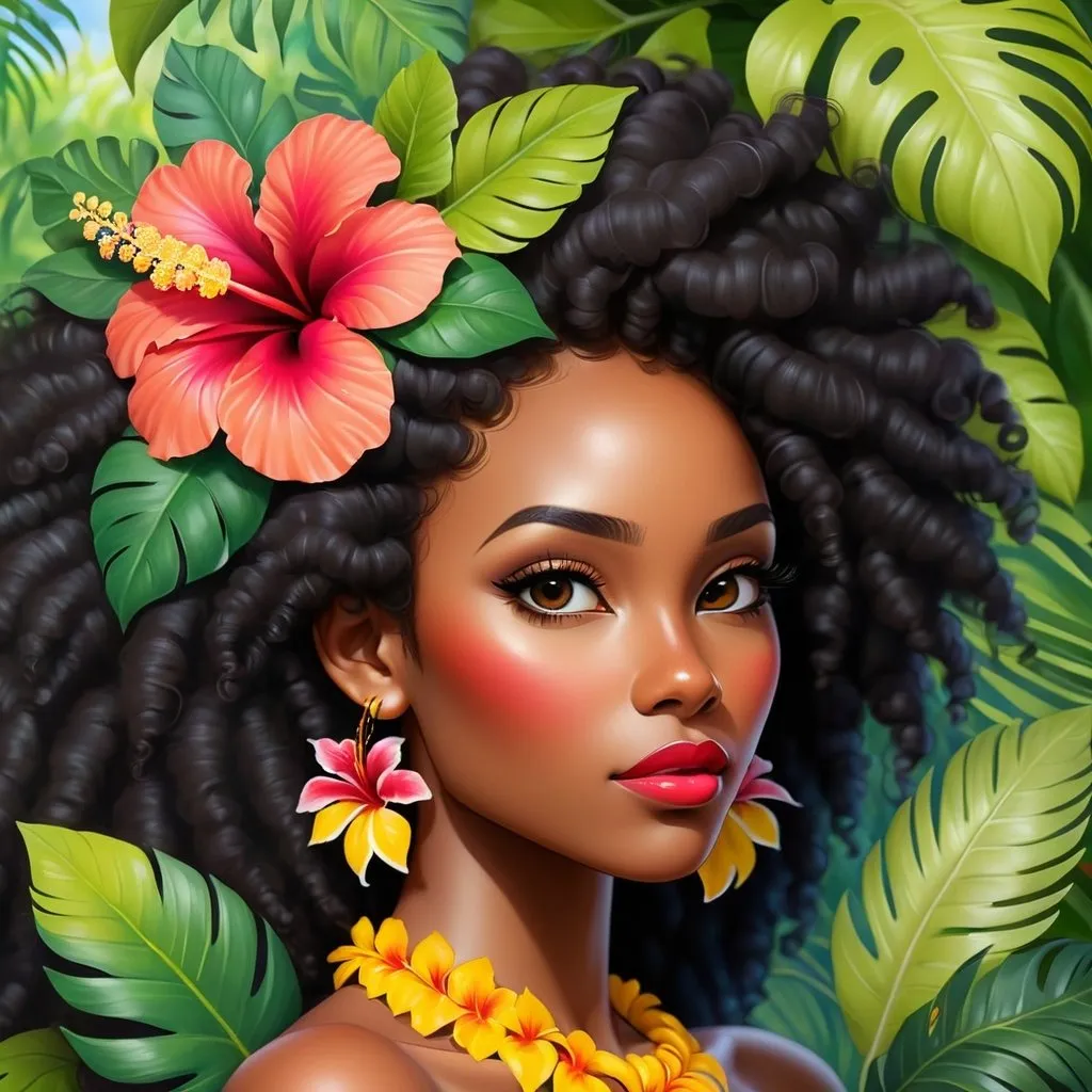 Prompt: Painting of the portrait of a pretty Melanesian woman, wearing cocontractant leaves crown and hibiscus flowers on her left ear. She has long thick afro hair, a black skin and she is surrounded by tropical nature and flowers. 